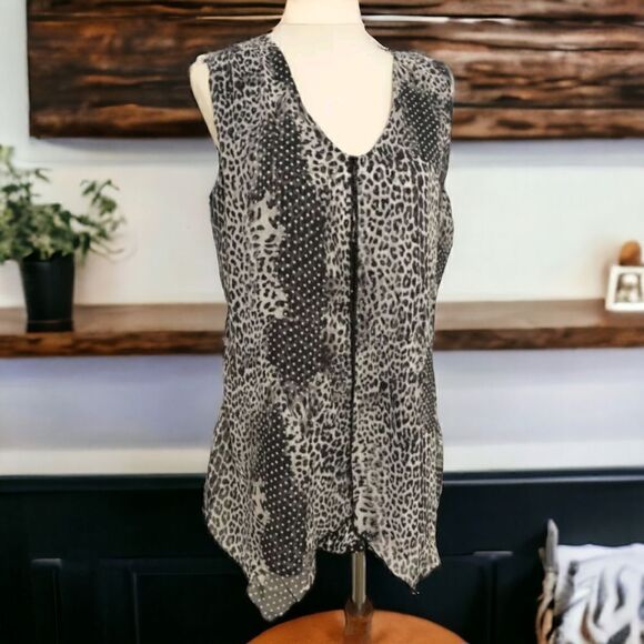 Adele May Top Large Blouse Sleeveless Animal Print Flowy Sheer Mixed Media Tunic - Picture 16 of 16